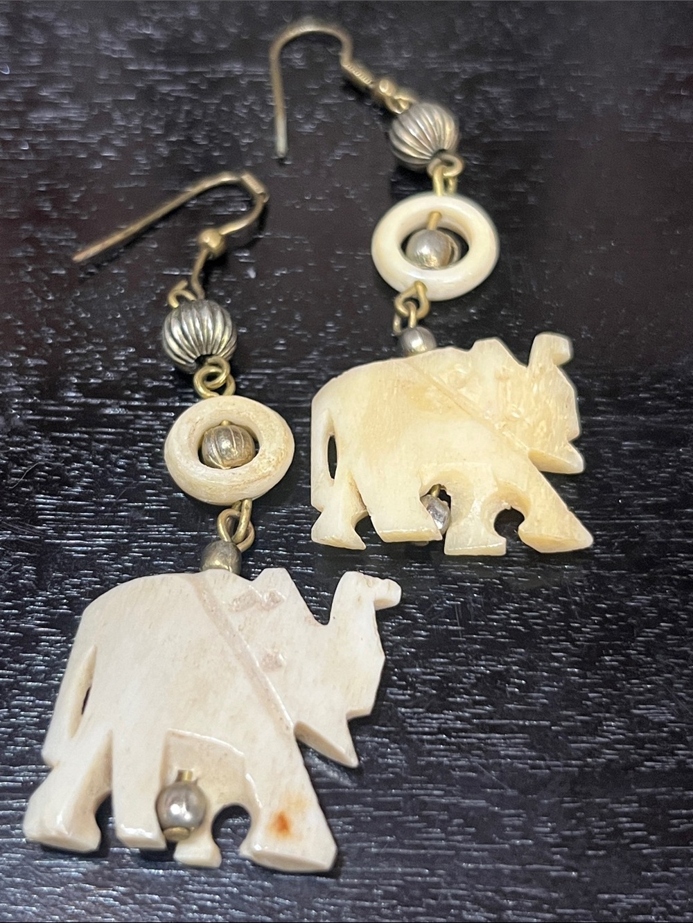 Handcrafted Cream Elephant Drop Earrings with Antique Brass Accents
